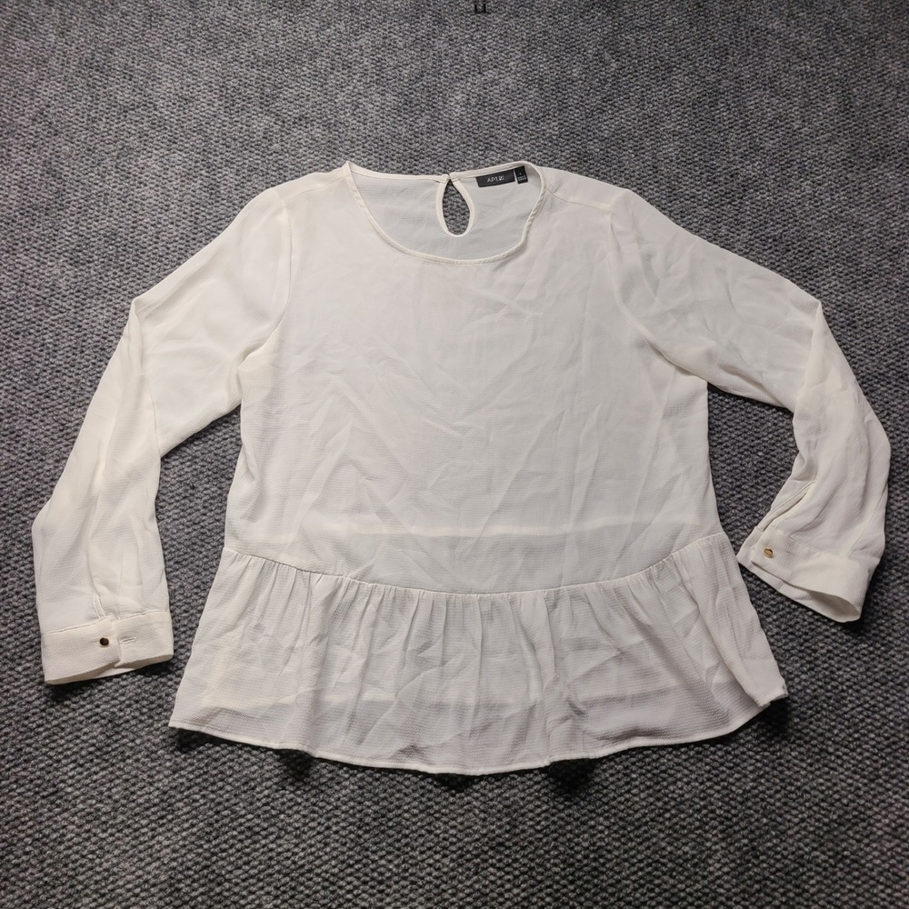 Apt 9 Womens White Peplum Blouse Long Sleeve Gold Button Cuff Top Large RN73277